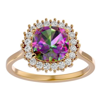 2-1/2 Carat Cushion Shape Mystic Topaz Ring With Diamond Halo In 14 Karat Yellow Gold