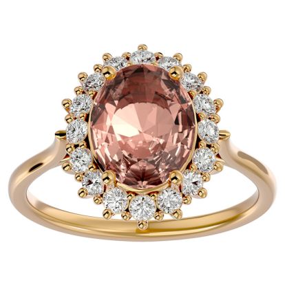 2-3/4 Carat Oval Shape Morganite and Halo Diamond Ring In 14 Karat Yellow Gold