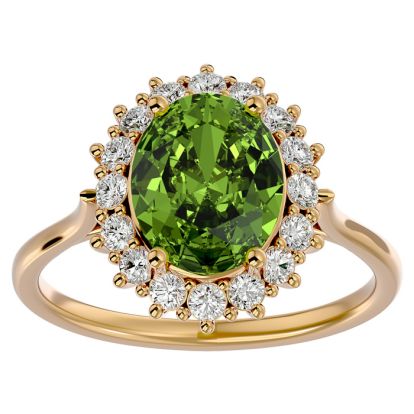 3 Carat Oval Shape Peridot and Halo Diamond Ring In 14 Karat Yellow Gold