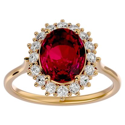 3.60 Carat Oval Shape Ruby and Halo Diamond Ring In 14 Karat Yellow Gold