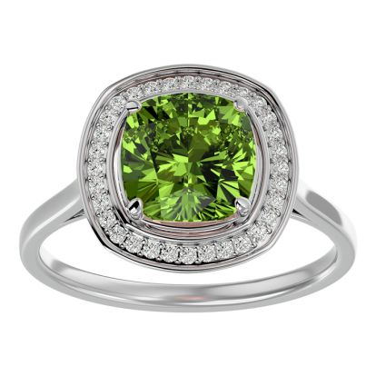 2 3/4 Carat Cushion Cut Peridot and Halo Diamond Ring In 14K White Gold