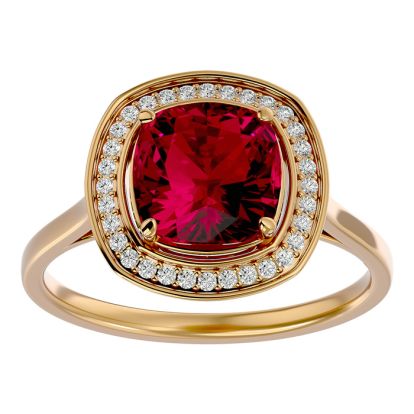 3 1/4 Carat Cushion Cut Ruby and Halo Diamond Ring In 14K Yellow Gold