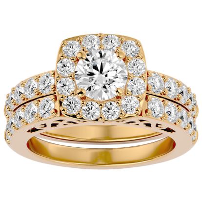 Moissanite Engagement Ring; 3 Carat Moissanite Bridal Set In 14 Karat Yellow Gold