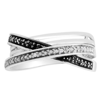 Black and White 8 Diamond Crossover Ring In Solid Sterling Silver.  Beautiful Ring, Amazing Price!