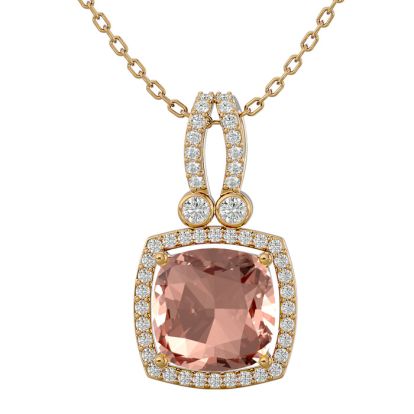 3-1/3 Carat Cushion Shape Morganite With Diamond Halo In 14 Karat Yellow Gold With 18 Inch Chain