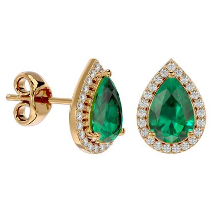2 1/2 Carat Emerald and Diamond Pear Shape Stud Earrings In 14 Karat Yellow Gold 