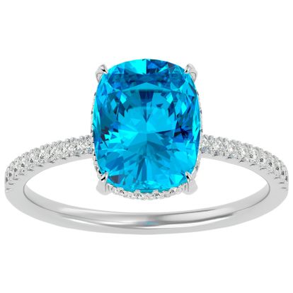3 3/4 Carat Antique Cushion Shape Blue Topaz and Hidden Halo Diamond Ring In 14 Karat White Gold