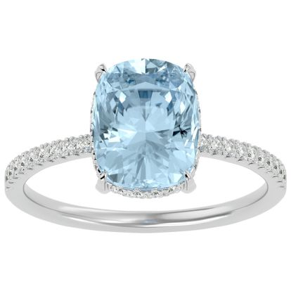 Aquamarine Ring: Aquamarine Jewelry: 3 1/2 Carat Antique Cushion Shape Aquamarine and Hidden Halo Diamond Ring In 14 Karat White Gold