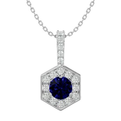 1/2 Carat Sapphire and Halo Diamond Necklace In 14 Karat White Gold, 18 Inches
