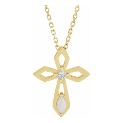 0.05 Carat Diamond and Opal Cross Necklace In 14 Karat Yellow Gold, 16-18 Inches