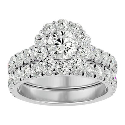 3 Carat Halo Diamond Bridal Set In 14 Karat White Gold. Huge Bridal Set At A Very Low Price