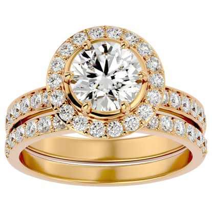 2 1/2 Carat Moissanite Halo Bridal Set In 14 Karat Yellow Gold With 1 1/2 Carat Center Moissanite