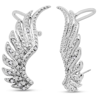 Diamond Drop Earrings: 1/4 Carat Diamond Feather Cuff Earrings In White Gold Overlay.  Sells Out Immediately!