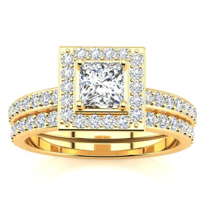 1 Carat Princess Cut Pave Halo Diamond Bridal Set in 14k Yellow Gold