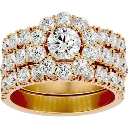 4 1/4 Carat Round Shape Diamond Bridal Set With Two Bands In 14 Karat Yellow Gold