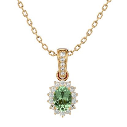 1 Carat Oval Shape Green Amethyst and Diamond Necklace In 14 Karat Yellow Gold, 18 Inches