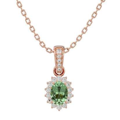 1 Carat Oval Shape Green Amethyst and Diamond Necklace In 14 Karat Rose Gold, 18 Inches