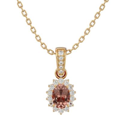 1 Carat Oval Shape Morganite Necklace With Diamond Halo In 14 Karat Yellow Gold With 18 Inch Chain
