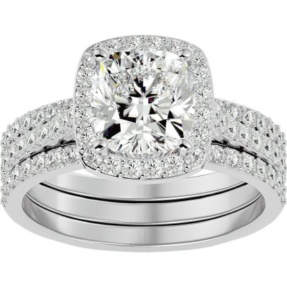 Moissanite Engagement Ring; 3 1/4 Carat Cushion Cut Halo Moissanite Bridal Set In 14 Karat White Gold