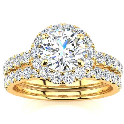 1 1/2 Carat Round Floating Halo Diamond ENGAGEMENT RING  in 14k Yellow Gold. Our Most Popular 2 Carat Round Bridal Set!