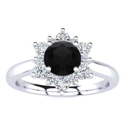 1 1/2 Carat Round Shape Flower Halo Black Moissanite Engagement Ring In 14K White Gold
