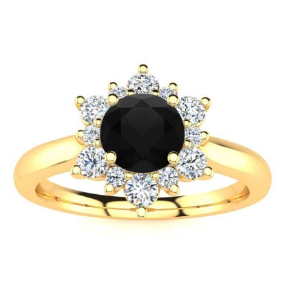 1 1/2 Carat Round Shape Flower Halo Black Moissanite Engagement Ring In 14K Yellow Gold