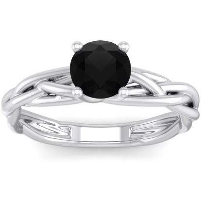 1 Carat Round Black Moissanite Solitaire Intricate Vine Engagement Ring With Tapered Band In 14 Karat White Gold