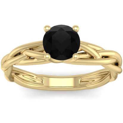 1 Carat Round Black Moissanite Solitaire Intricate Vine Engagement Ring With Tapered Band In 14 Karat Yellow Gold