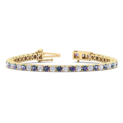 12 1/2 Carat Mystic Topaz and Diamond Tennis Bracelet In 14 Karat Yellow Gold, 8 1/2 Inches