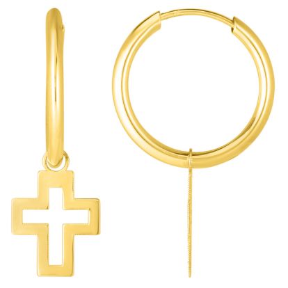 14 Karat Yellow Gold Cross Dangle Hoop Earrings, 1 Inch