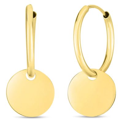 14 Karat Yellow Gold Circle Dangle Hoop Earrings, 1 Inch