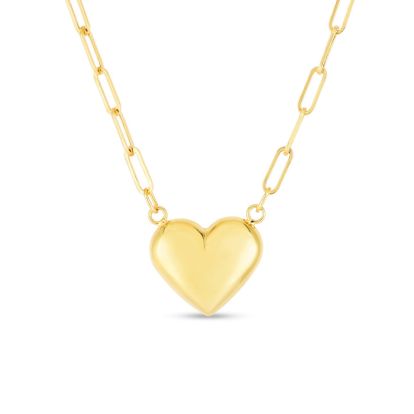 14 Karat Yellow Gold Puffed Heart Paperclip Chain Necklace, 18 Inches