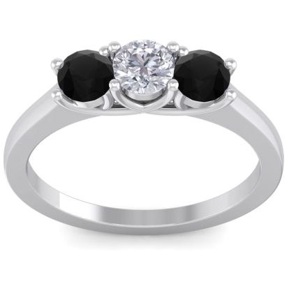 1 Carat White and Black Diamond Three Diamond Ring In 14 Karat White Gold