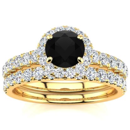 1 Carat Round Black Moissanite Halo Bridal Set In 14 Karat Yellow Gold