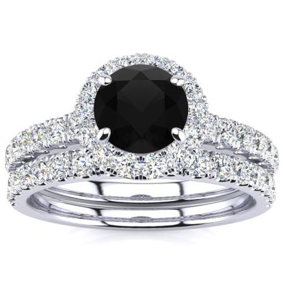 1 1/2 Carat Round Black Moissanite Halo Bridal Set In 14 Karat White Gold