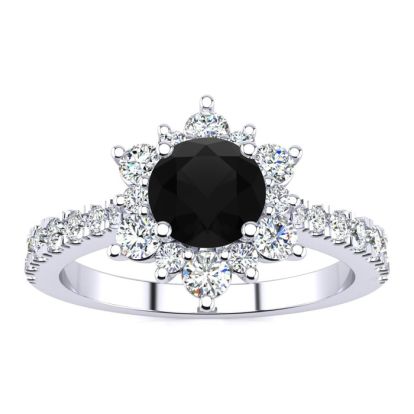 2 Carat Round Shape Flower Halo Black Diamond Engagement Ring In 14K White Gold