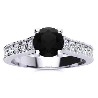 1 1/2 Carat Round Shape Black Diamond Engagement Ring In 14 Karat White Gold