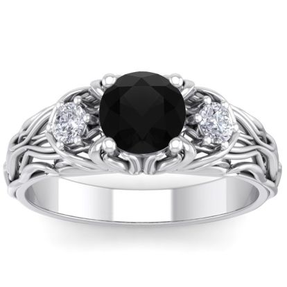 1 1/4 Carat Round Shape Black Diamond Intricate Vine Engagement Ring In 14 Karat White Gold