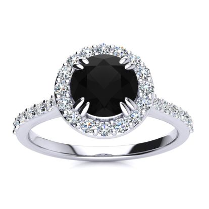 1 1/4 Carat Round Shape Halo Black Diamond Engagement Ring In 14 Karat White Gold