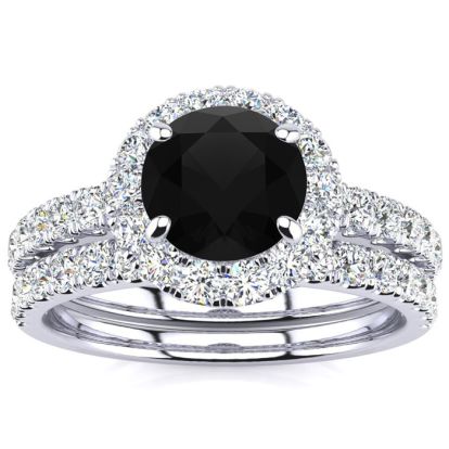 2 Carat Round Black Diamond Halo Bridal Set In 14 Karat White Gold