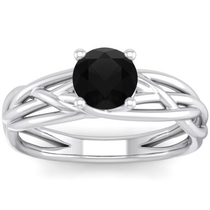 1 Carat Round Black Diamond Solitaire Intricate Vine Engagement Ring In 14 Karat White Gold