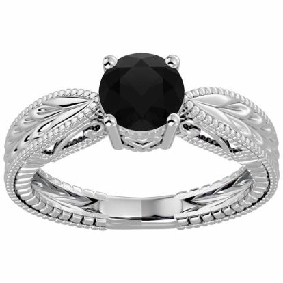 1 Carat Black Diamond Solitaire Engagement Ring with Tapered Etched Band In 14 Karat White Gold