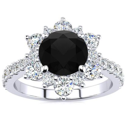 1 Carat Round Shape Flower Halo Black Diamond Engagement Ring In 14K White Gold