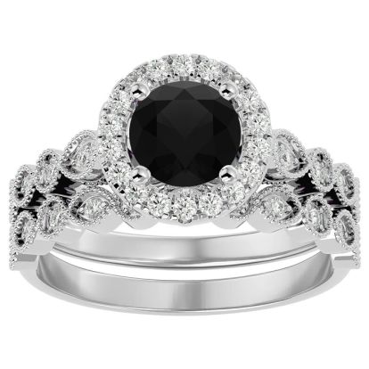 1 1/2 Carat Halo Black Diamond Bridal Set In 14 Karat White Gold
