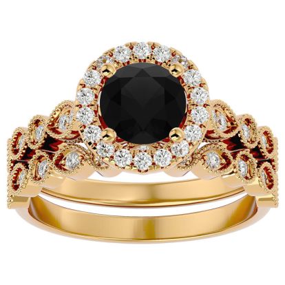 1 1/2 Carat Halo Black Diamond Bridal Set In 14 Karat Yellow Gold