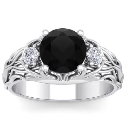 2 1/4 Carat Round Shape Black Diamond Intricate Vine Engagement Ring In 14 Karat White Gold