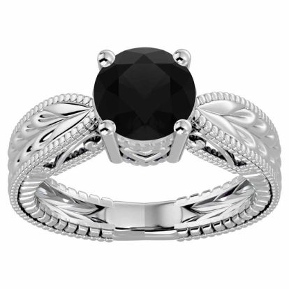 2 Carat Black Diamond Solitaire Engagement Ring with Tapered Etched Band In 14 Karat White Gold