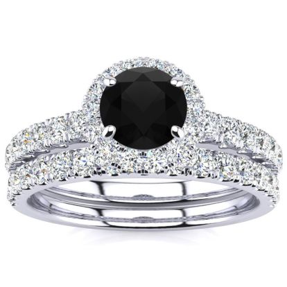 1 Carat Round Black Diamond Halo Bridal Set In 14 Karat White Gold