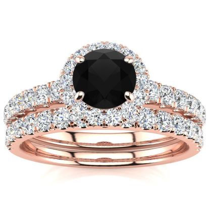 1 Carat Round Black Diamond Halo Bridal Set In 14 Karat Yellow Gold