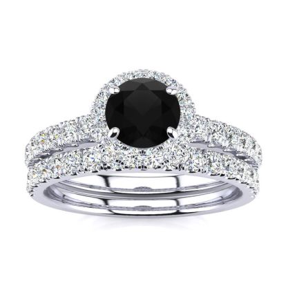 1/2 Carat Round Black Diamond Halo Bridal Set In 14 Karat White Gold